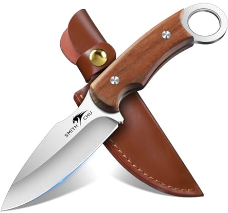 SMITH CHU Messer Outdoor Scharf, D2 Stahl Camping Messer mit Lederscheide, Full Tang Feststehende Klinge, Tragbare Überlebenswerkzeuge, Weihnachtsgeschenke für Männer