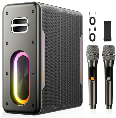 Karaoke Machine for Adults & Kids, Bluetooth Speaker Portable with 2 Wireless Microphones, Bass/Treble Adjustment, Remote and LED Light, PA System Support AUX/USB/TF for Home Party