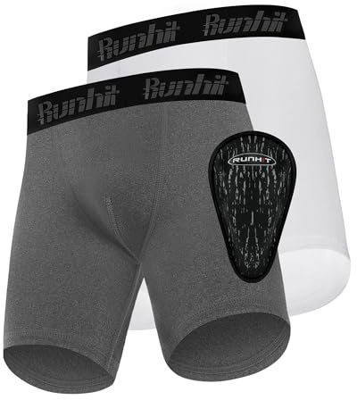 Runhit Boys Cup Underwear for Baseball Football, Youth Compression Shorts with Soft Protective Athletic Cup Boxer Brief for Lacrosse Hockey (White, Gray)