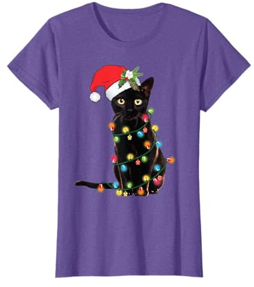 Santa Black Cat Tangled Up In Christmas Tree Lights Holiday T-Shirt