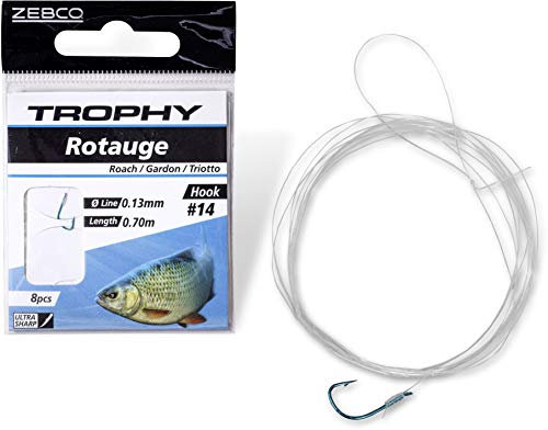 Zebco Qualitäts Trophy Rotauge Vorfachhaken Angelhaken mit Vorfach vorgebunden Angelschnur Angel Zubehör, blau, 18
