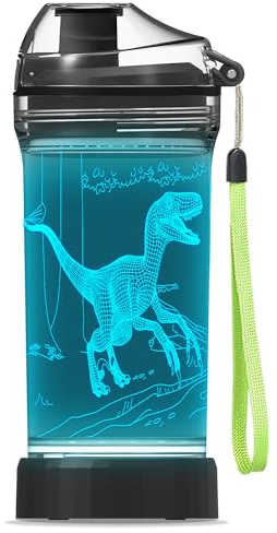YuanDian Light Up Dinosaur Water Bottle with Color Changing Night Light- 14 OZ Tritan BPA Free Eco-Friendly - Cute Velociraptor Kids Drinking Cups Gift for School Boy Girl Child Christmas Holiday