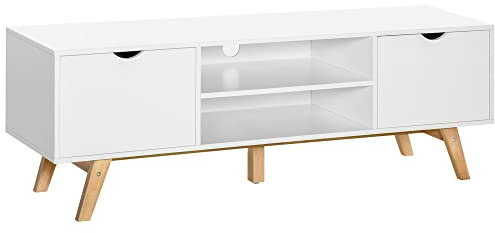 HOMCOM Meuble TV Banc TV sur Pied Moderne Scandinave 2 Portes 2 niches en Bois Blanc 150L x 39l x 50H cm