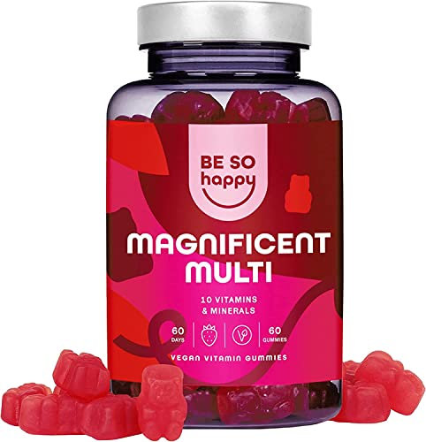Multivitaminico Completo, Caramelle Gommose con 13 Vitamine e Minerali Essenziali, Vitamine B12, B6, C, D, E, A + Biotina + Ac Folico + Iodio, Gusto Fragola, Vegano, Be So Happy.