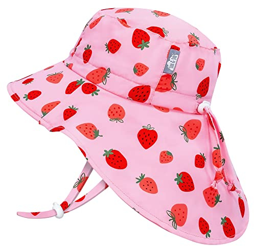 Jan & Jul Wide Brim Sun Hats for Little Kids with Neck Flap (L: 2-5 Years, Pink Strawberry)