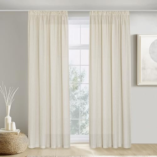PONY DANCE Wohnzimmer Vorhänge mit Kräuselband für Schiene 2er Set Leinenvorhang Boho Gardinen Leinenoptik Halbtransparent Linen Curtains with Rail Hooks, H 200 x B 140 cm, Beige