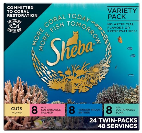 Sheba Perfect Portions Wet Cat Food Cuts in Gravy, with Sustainable Salmon, Tender Trout Entree, and with Sustainable Tuna, 2.6 oz. Twin-Pack Trays (24 Count, 48 Servings)