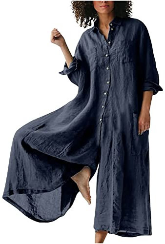 EMATOP Damen Sommer Baumwolle Jumpsuit Casual Langarm Overall Lose Elegant Einteiler Hosenanzug V-Ausschnitt Einfarbig Latzhose Leicht Atmungsaktiv Playsuit Romper mit Taschen Arbeitshose