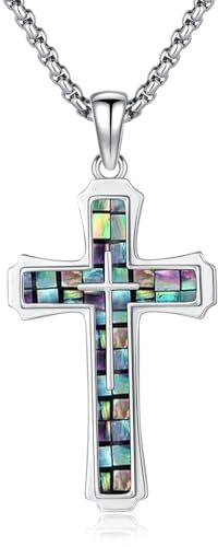 Kreuz Kette Abalone Muschel Kette für Frauen Männer 925 Sterling Silber Mosaik Abalone Muschel Kreuz Anhänger Halskette Christliche Halskette Religiöse Schmuck Geschenke für Amulett Talisman