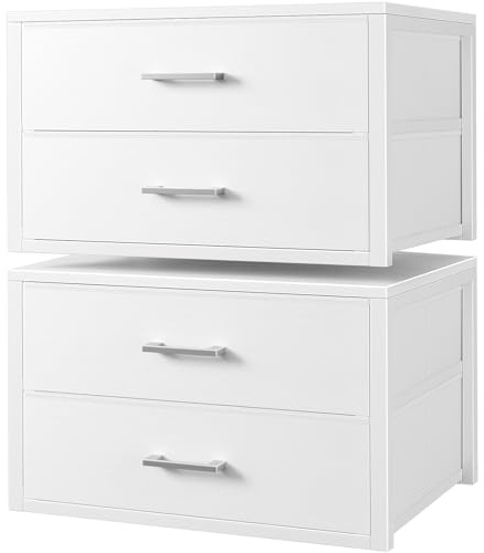 BOLUO Stackable Storage Drawers Closet Organizers and Storage Fabric White 2 Drawer Dresser for Bedroom 2 Packs Modern