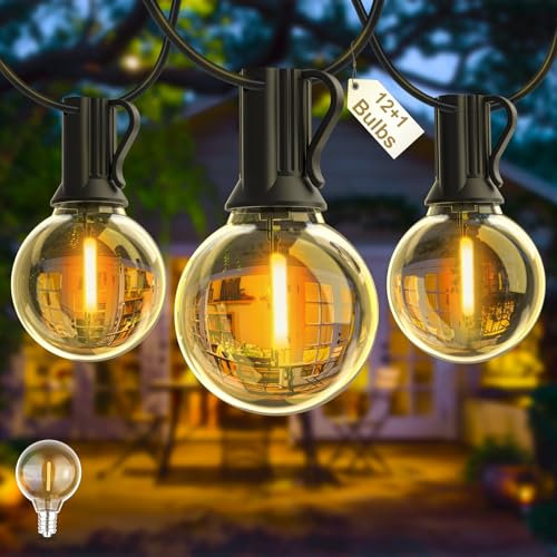 Yuusei Outdoor String Lights Mains Powered, 25FT/7.6M Festoon Lights Outdoor with 12+1 Shatterproof G40 LED Bulbs, Waterproof Globe Garden Lights for Patio, Wedding, Party, Terrace, 2700K