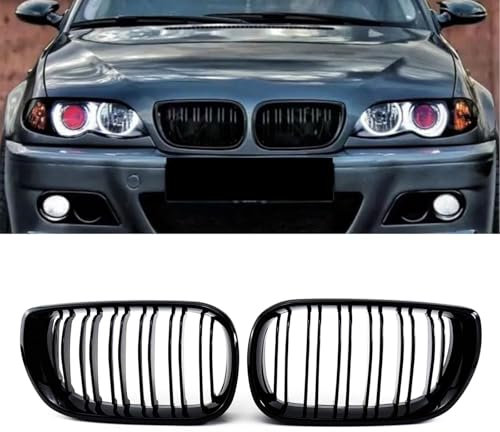Gangying E46 Nieren Schwarz, Kühlergrill Passend für BMW 3er E46 318i 320i 325i 330i Grill 4 Door 4D 2002-2005 LCI Facelift Grill Glanz Schwarz Doppelsteg Sport Kühlergrill