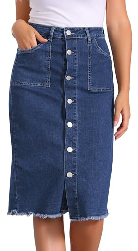 Allegra K Gonna di Jeans Donna con Vita Alta Bottoni Gonna di Denim Midi Gonne Estivo Blu Scuro S