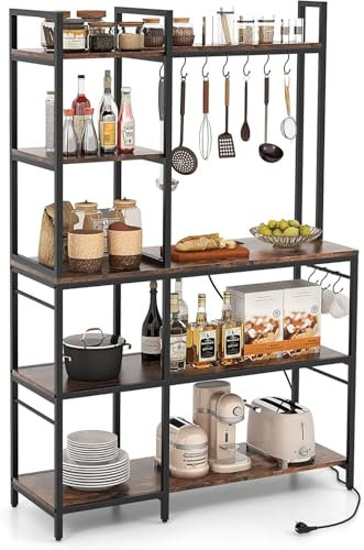 FANTASK Estantería de Cocina con enchufes de 107 x 37 x 160 cm, 5 Niveles de hasta 100 kg, Estante para microondas con estantes y 10 Ganchos en S, Estante de panadería con Marco de Metal