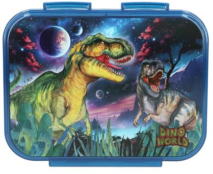 Depesche 13399 Dino World Galaxy - Boîte à goûter en Bleu foncé, avec Motif de Dino et Design de l'univers, boîte à Lunch avec 3 Compartiments et Couvercle Transparent