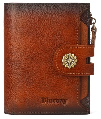 Blucoay Wallet Women,RFID Blocking Leather Womens Wallet Bifold Compact Card Holder Small Wallet for Women with Removable ID Window Brown