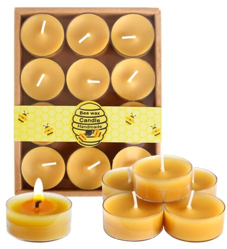 Multipack of 12 Pcs Yellow 100% Pure Beeswax Tealight Candles of 4 Hours Burning Time Outdoor Candle Wax,Bees Tea Lights Candles with Cotton Wick for Relaxation, Handmade, Allergen Safe and Non-Toxic