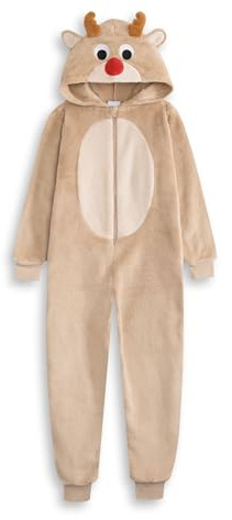 Show Me The Merch Reindeer Boys Beige Hooded Onesie | Zip-Up Fluffy Cosy Fleece Sleepwear | Unisex Kids Christmas Loungewear & Dress-Up 5-6 Years