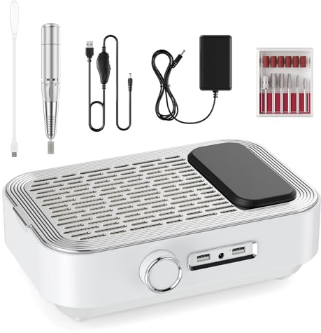Trsaow Ponceuse à Ongles Électrique 4-en-1 avec Aspirateur de Poussière, Lampe LED & Power Bank, 45 000 tr/min Professionnelle pour Usage Domestique et Salon