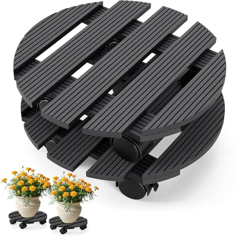 Fogmiea 2 x WPC plantskoter, rund Ø 30 x 7,5 cm, blomroller med hjul, krukrullar upp till 80 kg, rullunderlägg för inomhus- och utomhusbruk, rullbräda för växter och blomkrukor, antracit