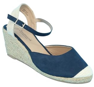 Chums Ladies Wide EE Fit Espadrille Wedge Shoes – Mock Suede Covered Toe Sandal, Elastic Buckle, 2.5 Heel, Navy or Beige