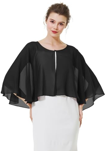 BEAUTELICATE Coprispalle Stola Chiffon stola Elegante Donna Chiffon Scialle Smanicata Bolero Cape Cardigan per Cerimonia Festive Matrimonio Sposa Abito Estivo (Nero, Taglia unica)