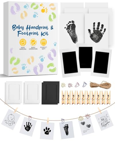 Baby fotavtryckssats och handavtryckssats, 3 bläckdynor, 6 fotoramar, 6 tryckkort, säkert rengöringsbläck för babyfötter och händer, minnesgåvor för nya föräldrar och babyshower med 4 söta klämmor