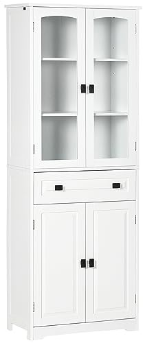 HOMCOM Armoire de Cuisine Buffet Haut 4 Portes Dont 2 Portes vitrées et 1 tiroir Hauteur 160 cm avec étagères réglables, Blanc