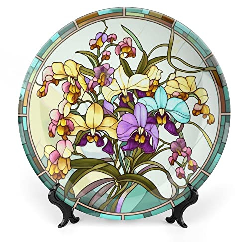 Gokays Piatti decorativi da appendere alla parete, design con finestra in vetro colorato con orchidea, piatto in ceramica con motivo floreale, piatto oscillante con espositore, decorazione per la casa