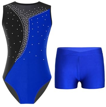 TTAO gymnastikdräkt barn flickor ärmlös gymnastikdräkt tröja dans gymnastik träning danskläder gymnastikbody med hårband och shorts, Kungsblå C, 122/128 cm