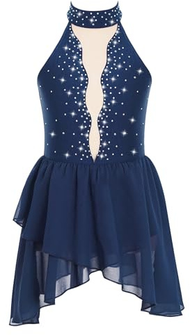 Freebily Vestito da Pattinaggio Artistico Bambina Senza Maniche Abito da Balletto Ballo Lirico Contemporaneo Collo Halter Strass Leotards Body da Danza Classica Ginnastica Blu Scuro 11-12 Anni