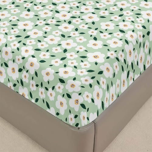 Chickwin Spannbetttuch Druck Spannbetttuch Boxspringbett, Weiche Bequem Spannbettlaken Matratzenschoner für Bettw Sche, Steghöhe bis 30cm (140x200 cm,grüne Blume)