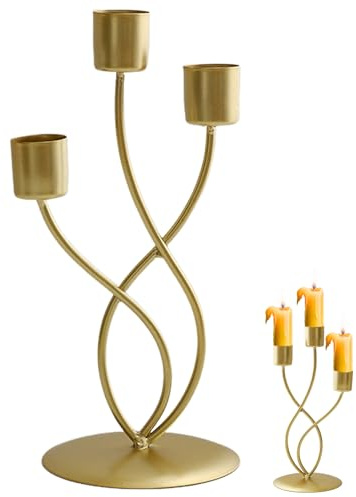 Bougeoir à 3 branches - En métal doré - Pour décoration de la maison, table, cheminée, mariage, bougie de bougie, dîner, anniversaire (doré)