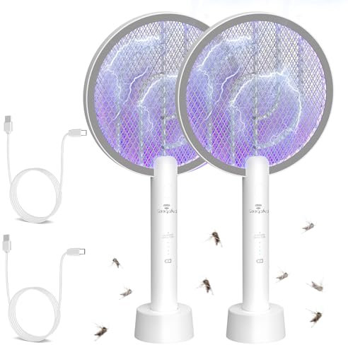 GooQand 2 Pezzi LED Racchetta Zanzare Elettrica, 4000 Ricaricabile 2-In-1 Racchetta Zanzare Elettrico con USB, Protezione Maglia a 3 Strati, Adatto per Campeggio Interni ed Esterni Bianco