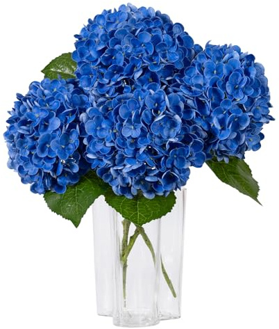DuHouse 3 hortensias Artificiales Grandes, 50 cm, látex de Tacto Real, hortensias realistas para el hogar, Ramos de Boda, centros de Mesa, Fiestas, decoración de Sala de Estar (Azul Real)