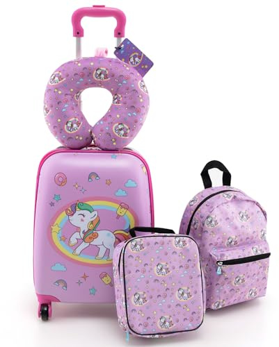 FANTASK Valigia per bambini con zaino e contenitore per il pranzo, etichette per bagagli e cuscino per il collo, trolley per bambini con ruote, bagaglio a mano, valigia rigida per bambini dai 6 anni