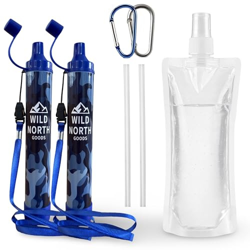 Wild North Goods - 2 Pack Personal Water Filter Straw - Portable Water Purification for Hiking, Camping, Travel, Outdoors & Emergency Use - Includes Bottle, Straw & Carabiners
