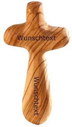 Kassis Kreuz mit Gravur aus Olivenholz 9 cm – personalisiertes Handschmeichler-Kreuz aus Bethlehem – mit Wunschtext graviert – Geschenk zu Taufe, Kommunion, Trauer – 1 Stück