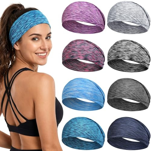 Awumbuk Bandeau Cheveux Femme Large, 8 Pièces Bandeaux pour Cheveux, Multicolore, Headband Sport Élastique Anti-Dérapant pour Yoga, Fitness, vie Quotidienne, Voyages (Bleu)