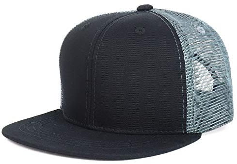 Youth Stylish Flat Bill Structured Mesh Back Snapback Trucker Cap - Black Grey