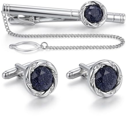 BagTu Ensemble de boutons de manchette et pince à cravate Crystal Galaxy avec coffret cadeau et carte de vœux, ensemble cadeau de boutons de manchette ronds bleu foncé et pince à cravate pour hommes