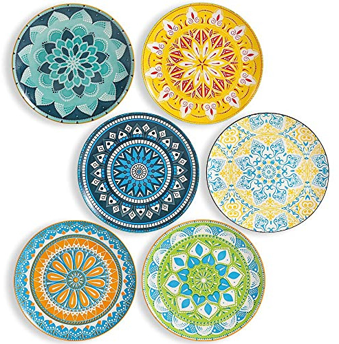 Dinner Plates Set of 6, 10 Inch Scratch Resistant Ceramic Plates, Dishwasher and Microwave Safe, Pasta Plate, Salad Plate, for Main Course, Multicolor