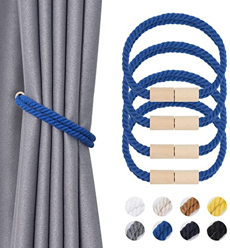 Pretty Jolly 4-pack magnetiska gardinbindningar i trä boho-dekoration draperi knytband naturlig bomull handgjorda dubbla rep gardinhållare för tunn och tjock hem kontor fönsterdraperi (nytt ljusblå)