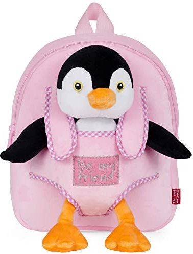 PERLETTI Kuscheltier Rucksack für Kinder mit Plüschtier - Pluschspielzeug Weich Flauschig und Kindergarten Schultasche mit Tasche für Plüsch Tier - 3 4 5 Jahren Baby Kindertasche 27x21x9 cm (Pinguin)