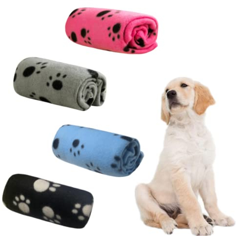 4Pcs Pet Blanket for Small Dogs Cats Soft Puppy Blankets Washable Pet Fleece Blankets with Paw Print