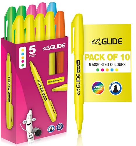 Eziglide 10-Pack Highlighters Pens Set, 5 Assorted Colours – Quick Dry, Vibrant Neon Chisel Tip Highlighter Markers for Bold & Fine Marking – Ideal Stationery for Study, Notes, School, Home, Office