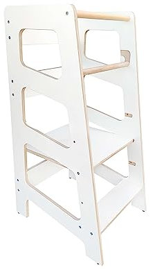 BABYLIKE Montessori Lernturm für Kinder | Lernstuhl ab 1 Jahr | Learning Tower | Tritthocker mit 2 Stufen & verstellbaren Fachböden | 46x40x85 cm| Weiss