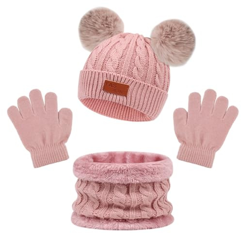 3 Pcs Niños Invierno Cálido Beanie Gorro Bufanda Guantes Set, Caliente de punto engrosada Gorro Bufanda Guantes Set para 1-5 Años Niños y Niñas (rosa)