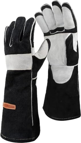 YESWELDER 40cm,500℃ Schmiedeleder MIG Schweißerhandschuhe, mit Kevlar Nähten hitze und feuerbeständig, Handflächenverstärkung, schwarz grau