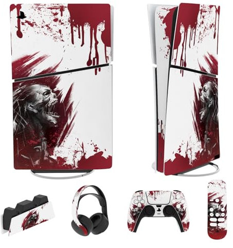 PlayVital Full Set Skin Sticker für ps5 Slim Konsole Digital Edition,Aufkleber Vinyl-Skin Stickers Schutzfolie Folie für ps5 Controller,Ladestation, Headset,Medienfernbedienung-Blood Zombie